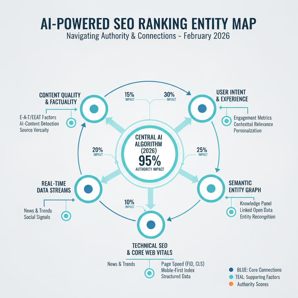 Infographic: Entity mapping for how to rank SEO in AI—example graph with nodes, connections, and authority score impacts