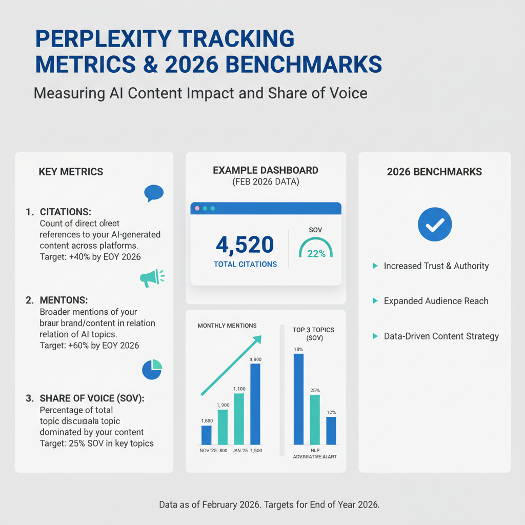 Infographic: Perplexity tracking metrics—citations, mentions, SOV—with example dashboard and 2026 benchmarks
