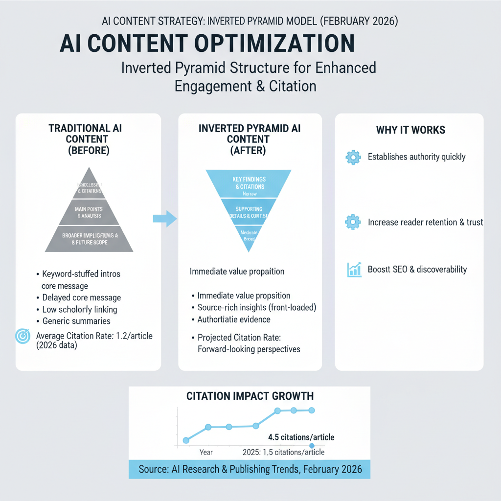 Infographic: Inverted pyramid structure for AI content with before/after examples and citation rate stats
