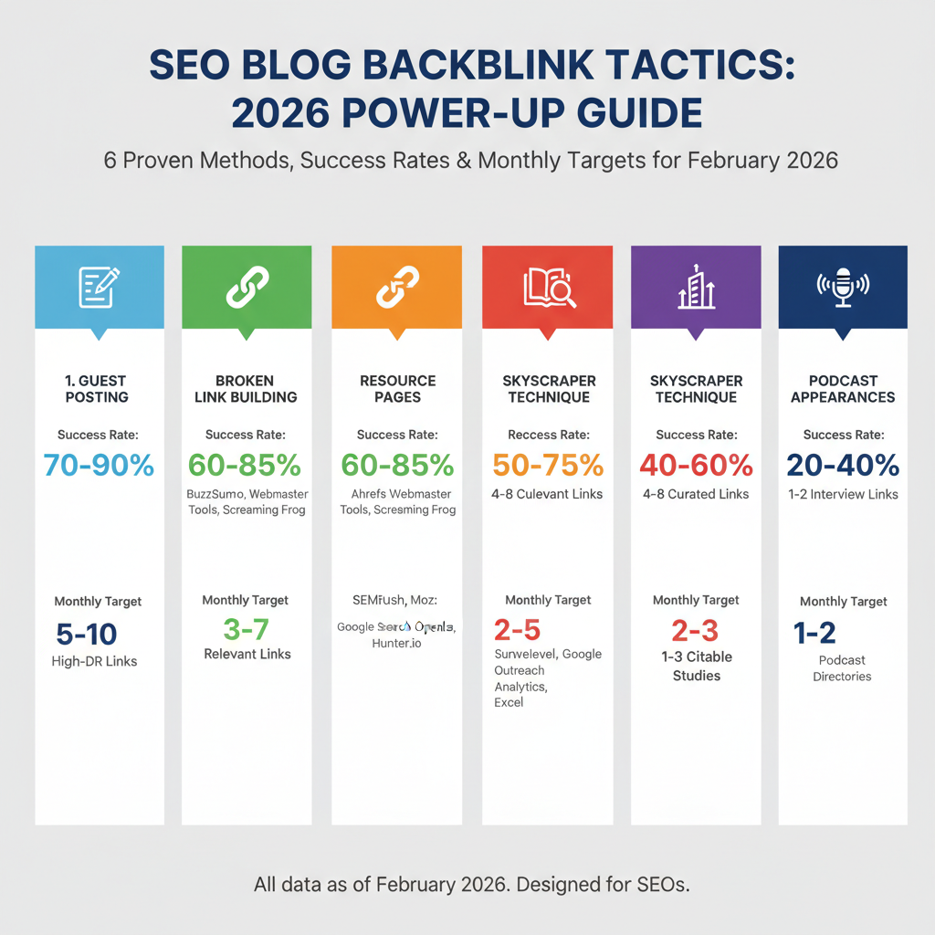 Infographic: Backlink building tactics for SEO blogs — 6 methods with success rates, tools, and monthly targets for 2026