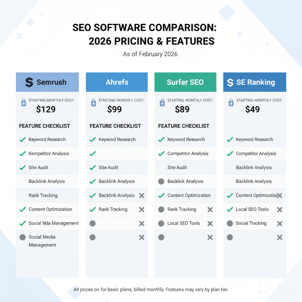 Infographic comparing pricing and feature depth of all 4 tools: Semrush vs Ahrefs vs Surfer SEO vs SE Ranking with cost per month and feature checklist