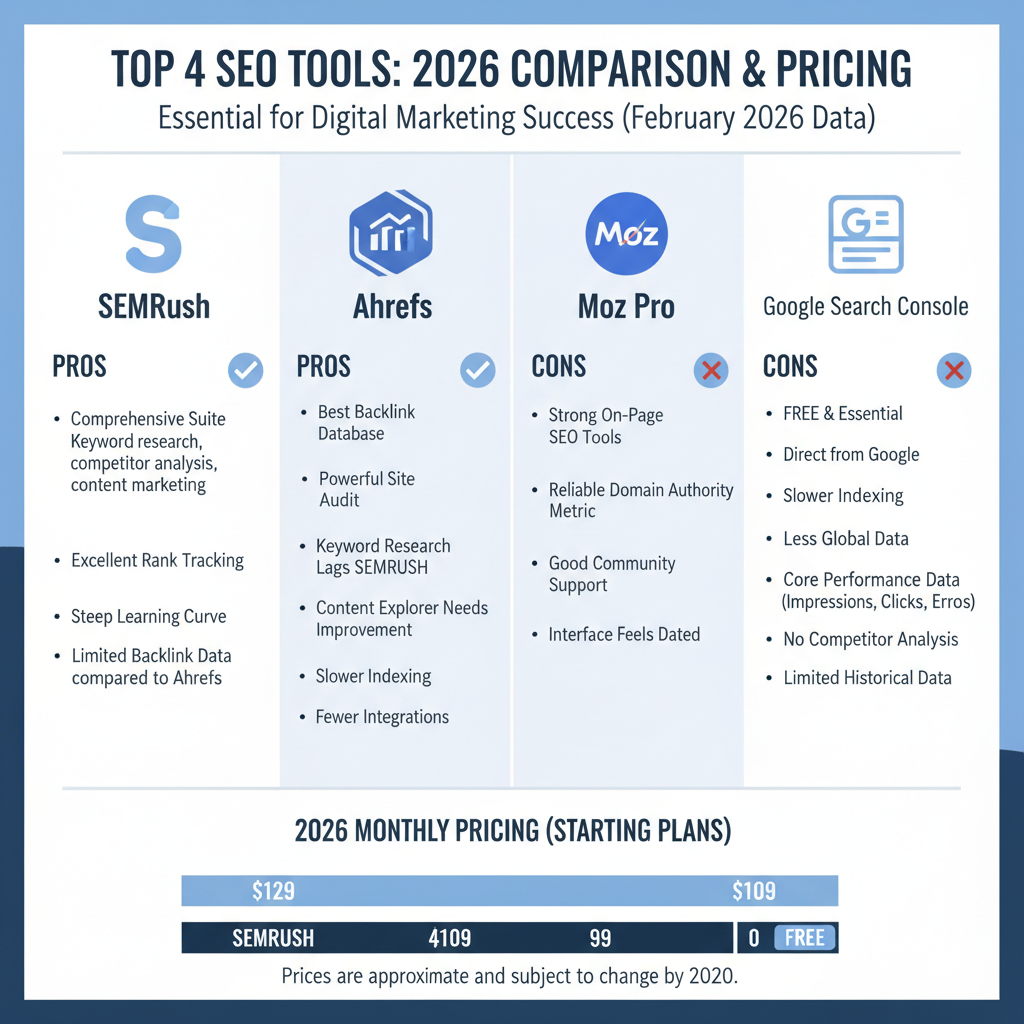Infographic summarizing all top 4 SEO tools with pros/cons checklist and 2026 pricing comparison