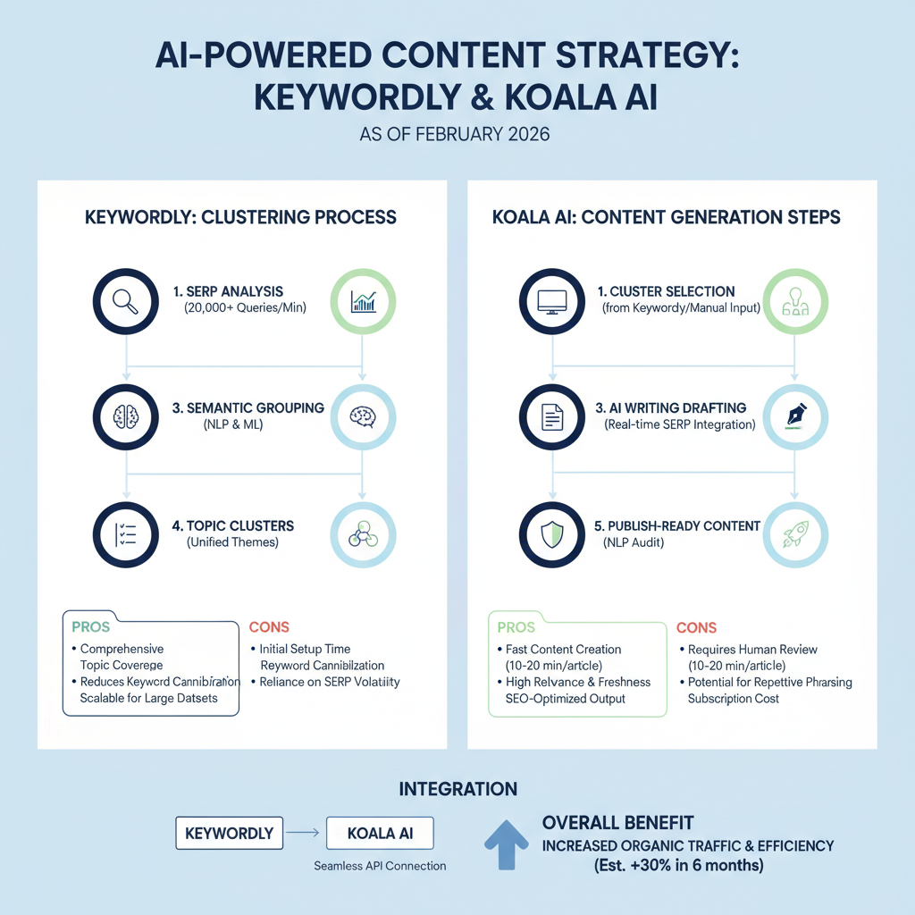 Infographic of Keywordly and Koala AI key features: clustering process and content gen steps with pros/cons