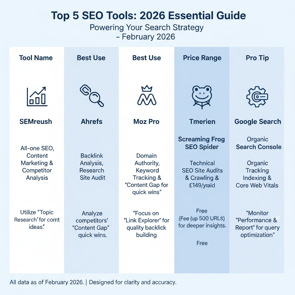 Infographic summarizing all top 5 SEO tools: tool name, best use, price range, and one pro tip each