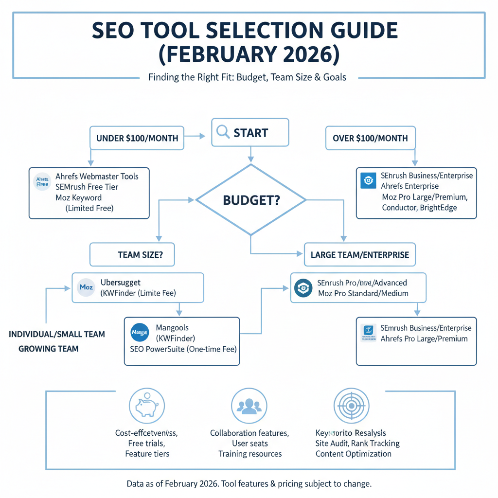 Infographic: How to choose from top 8 SEO tools based on budget, team size, and goals with decision tree flowchart