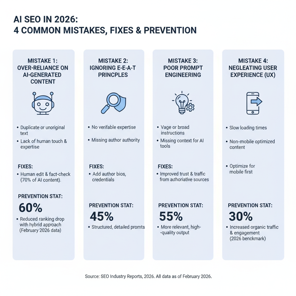 Infographic: 4 common mistakes in how to rank SEO in AI tools with fixes and prevention stats