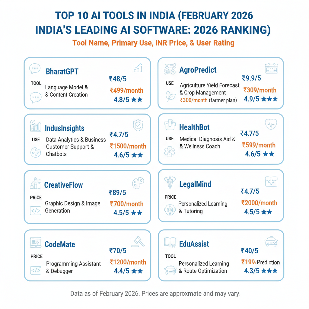 Infographic summarizing all 10 best AI tools in India: tool name, top use, INR price, and star rating