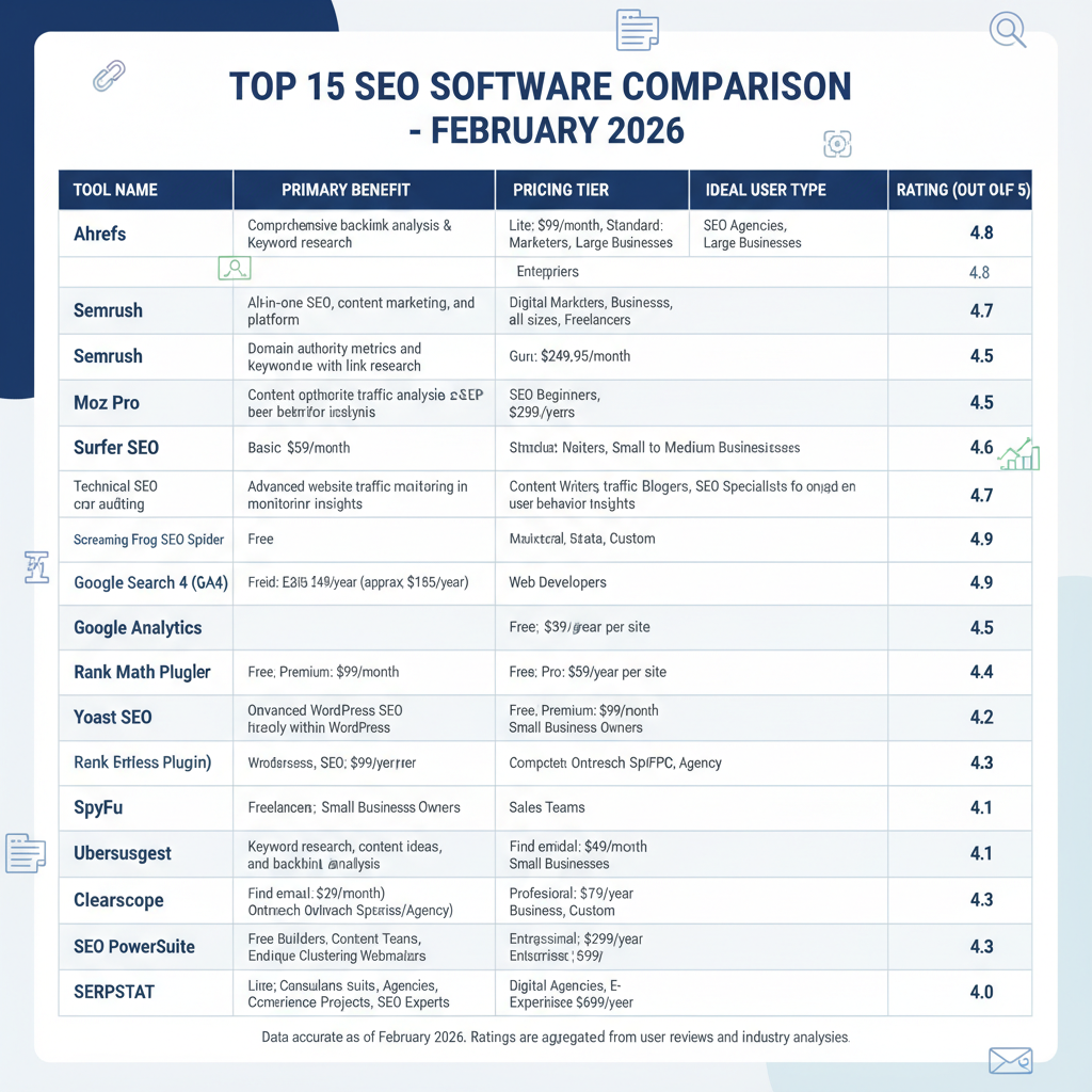Infographic summarizing all 15 best SEO tools with one-sentence benefit, pricing tier, and ideal user type in a comparison grid