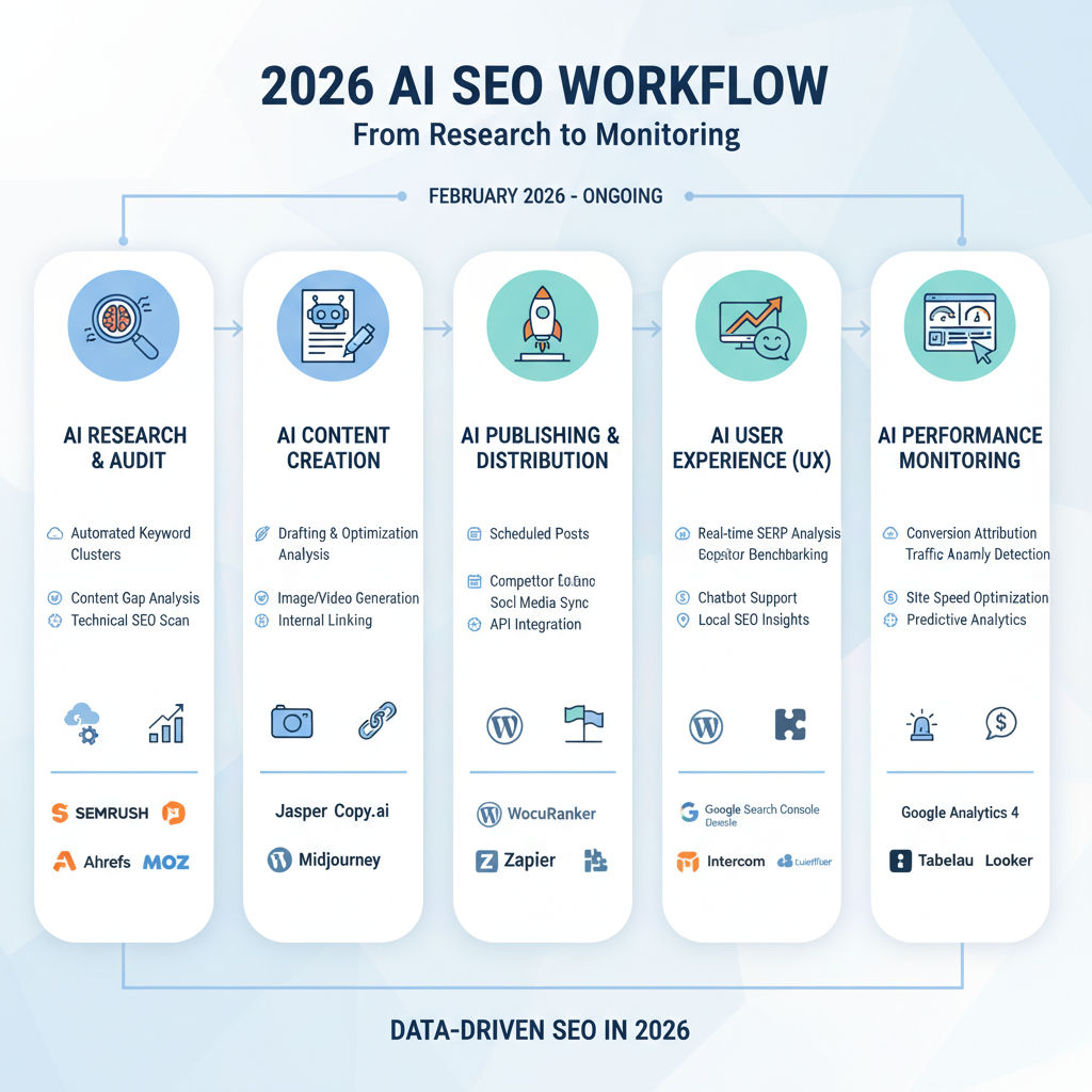 Infographic: 2026 AI SEO workflow from research to monitoring with tool icons and timelines