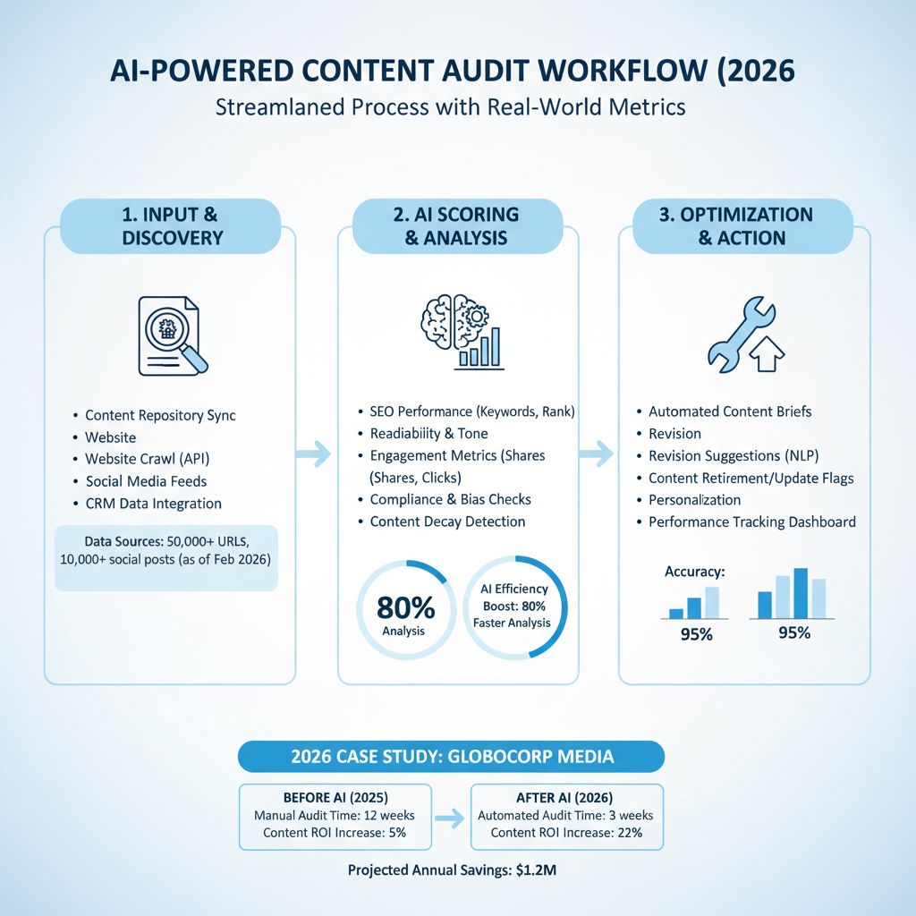 Infographic: Content audit workflow using AI tools—input, scoring, fixes with real 2026 case study metrics