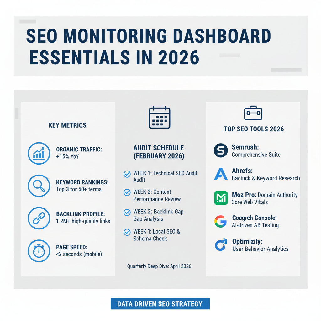 Infographic: SEO monitoring dashboard essentials - key metrics, audit schedule, 2026 tools list