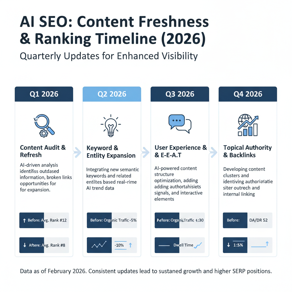 Infographic: Content freshness timeline for AI SEO—quarterly updates with before/after ranking examples