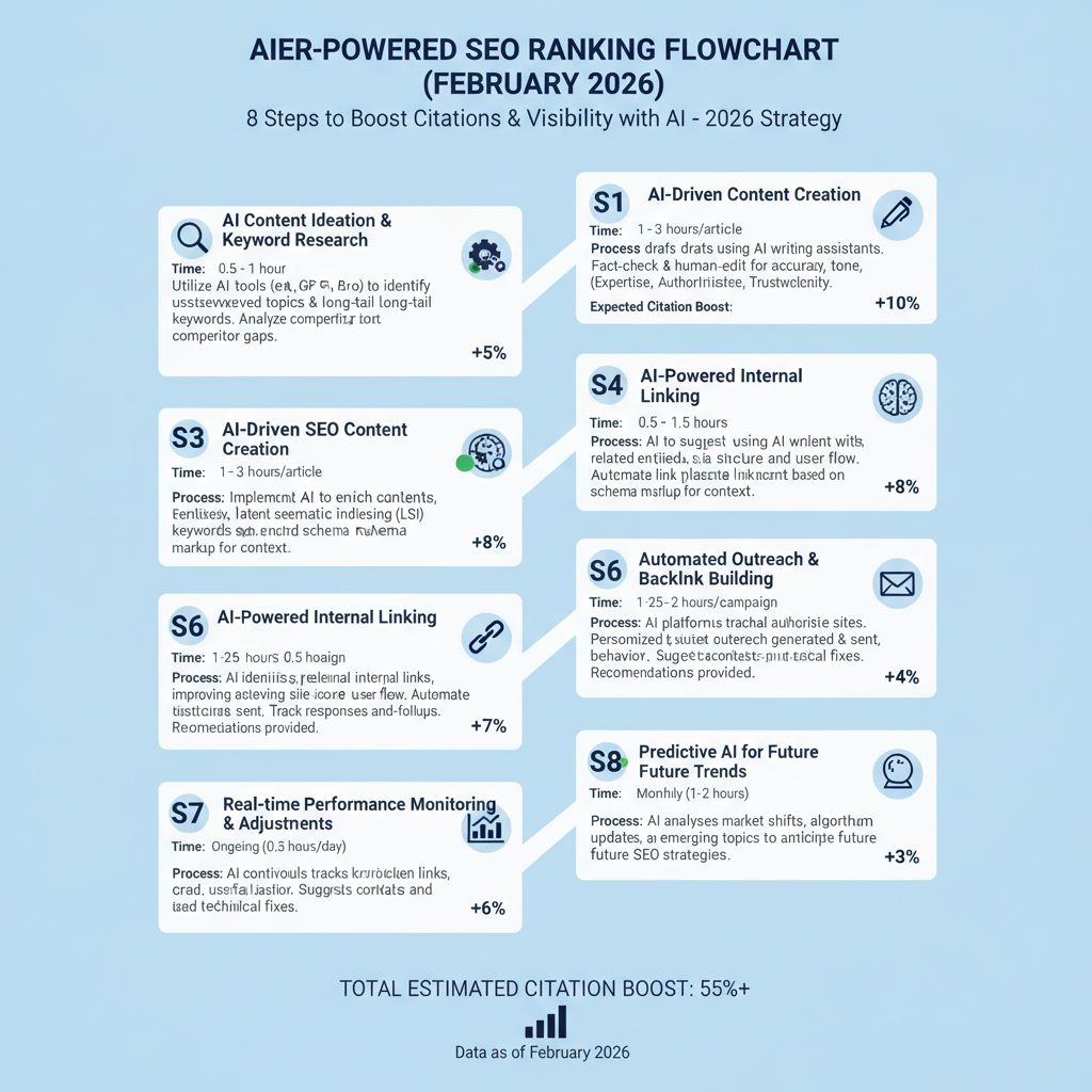 Infographic: Full 8-step how to rank SEO in AI flowchart with time estimates and expected citation boosts