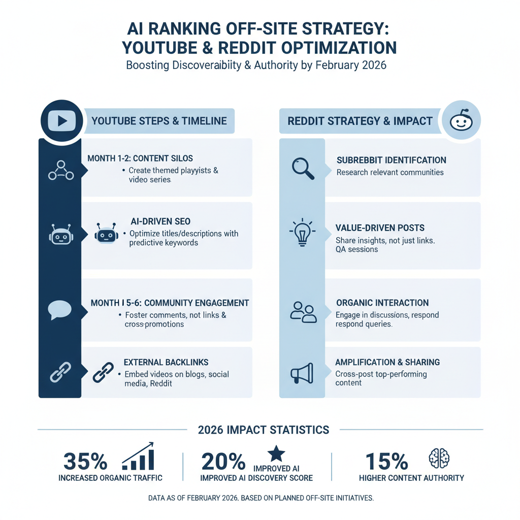 Infographic: Off-site strategy for AI ranking — YouTube/Reddit steps, timelines, and 2026 impact stats