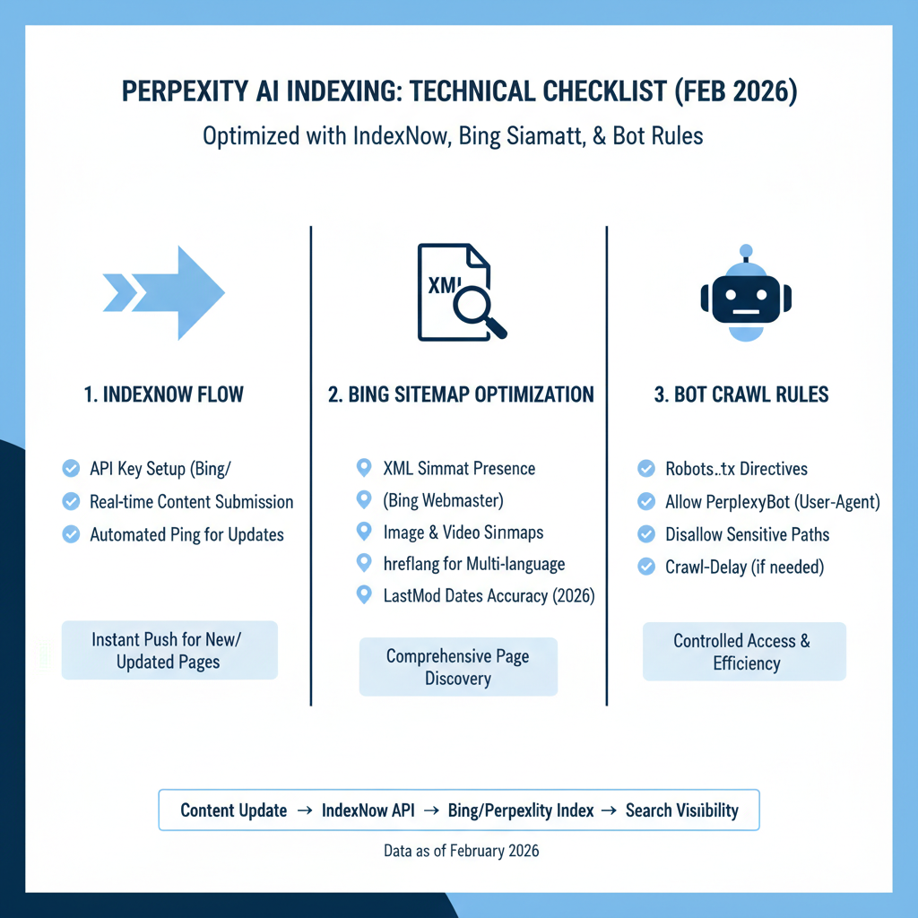 Infographic: Technical checklist for Perplexity indexing with IndexNow flow, Bing sitemap, and bot rules