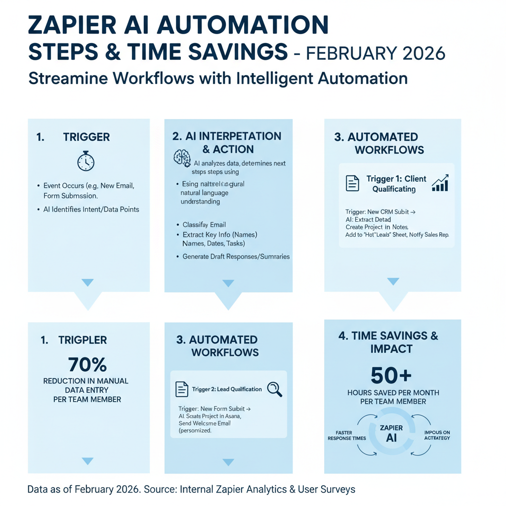Infographic of Zapier AI automation steps with example workflows and time savings