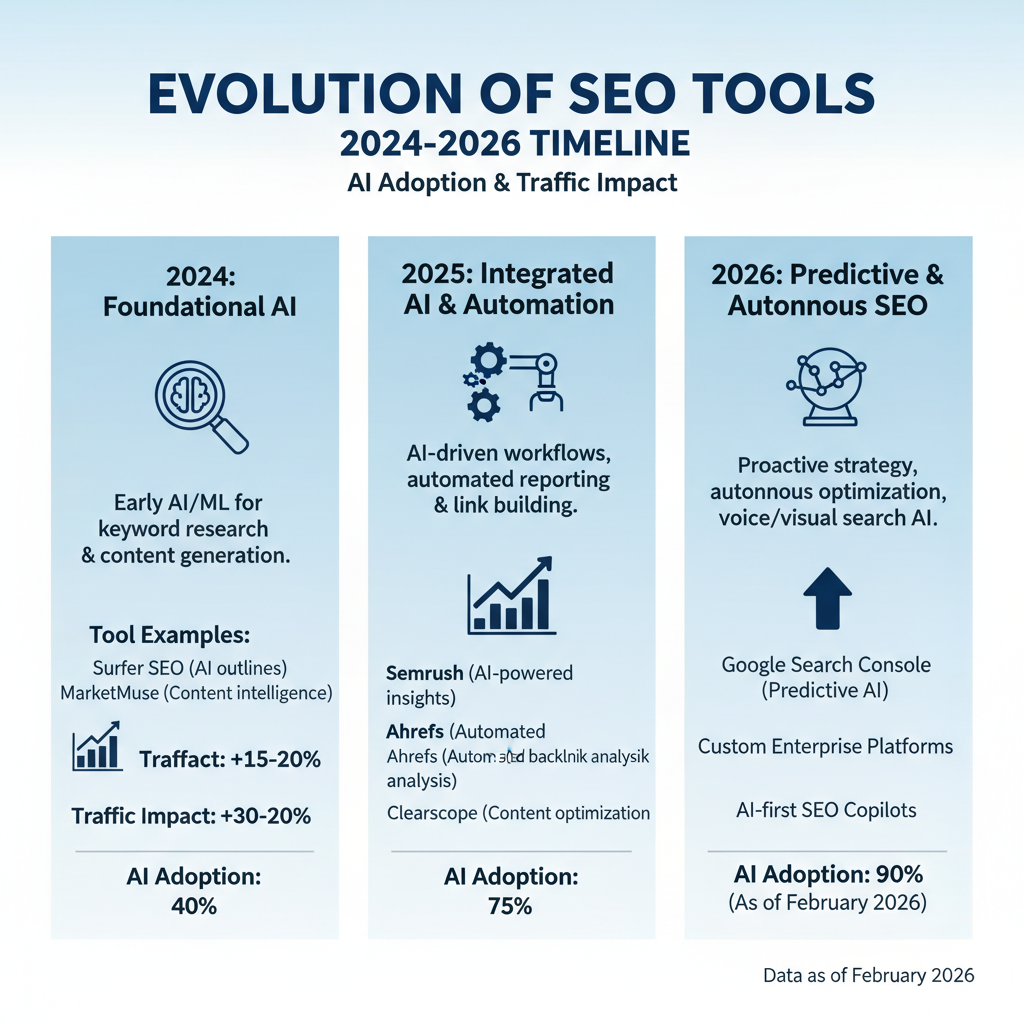 Infographic: Evolution of SEO tools 2024-2026 timeline with AI adoption stats, tool examples, and traffic impact percentages