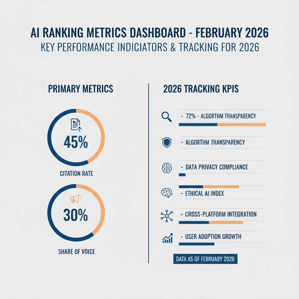 Infographic: AI ranking metrics dashboard—citation rate, share of voice, and 5 tracking KPIs for 2026